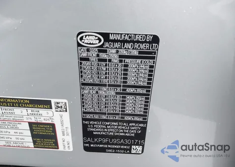 2025 Land Rover Range Rover P400 Se z USA, uszkodzony, nr VIN SALKP9FU9SA301715